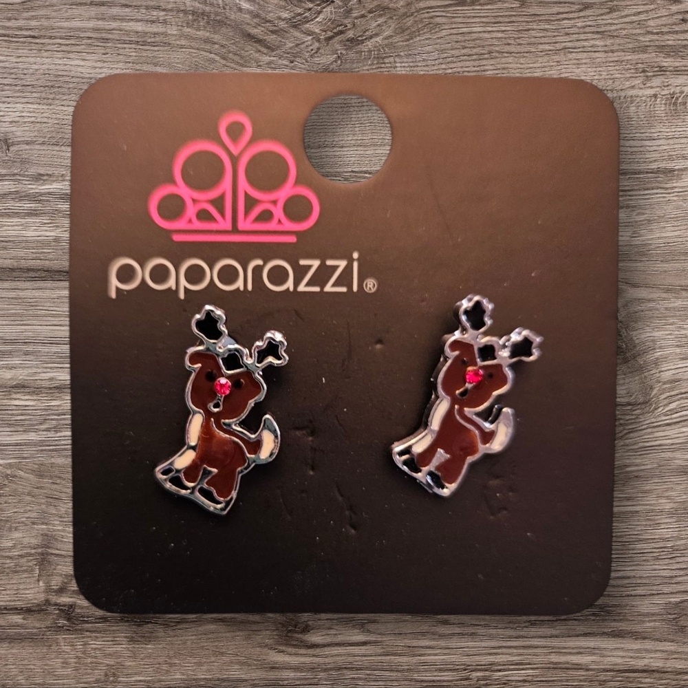 Paparazzi Kids Reindeer Earrings - Brown and Red NEW